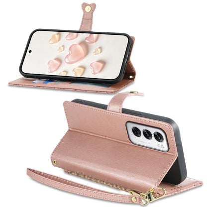 For OPPO Reno12 Global Zipper Wallet Heart Buckle Vegan Leather Phone Case with Wrist Strap(Pink)