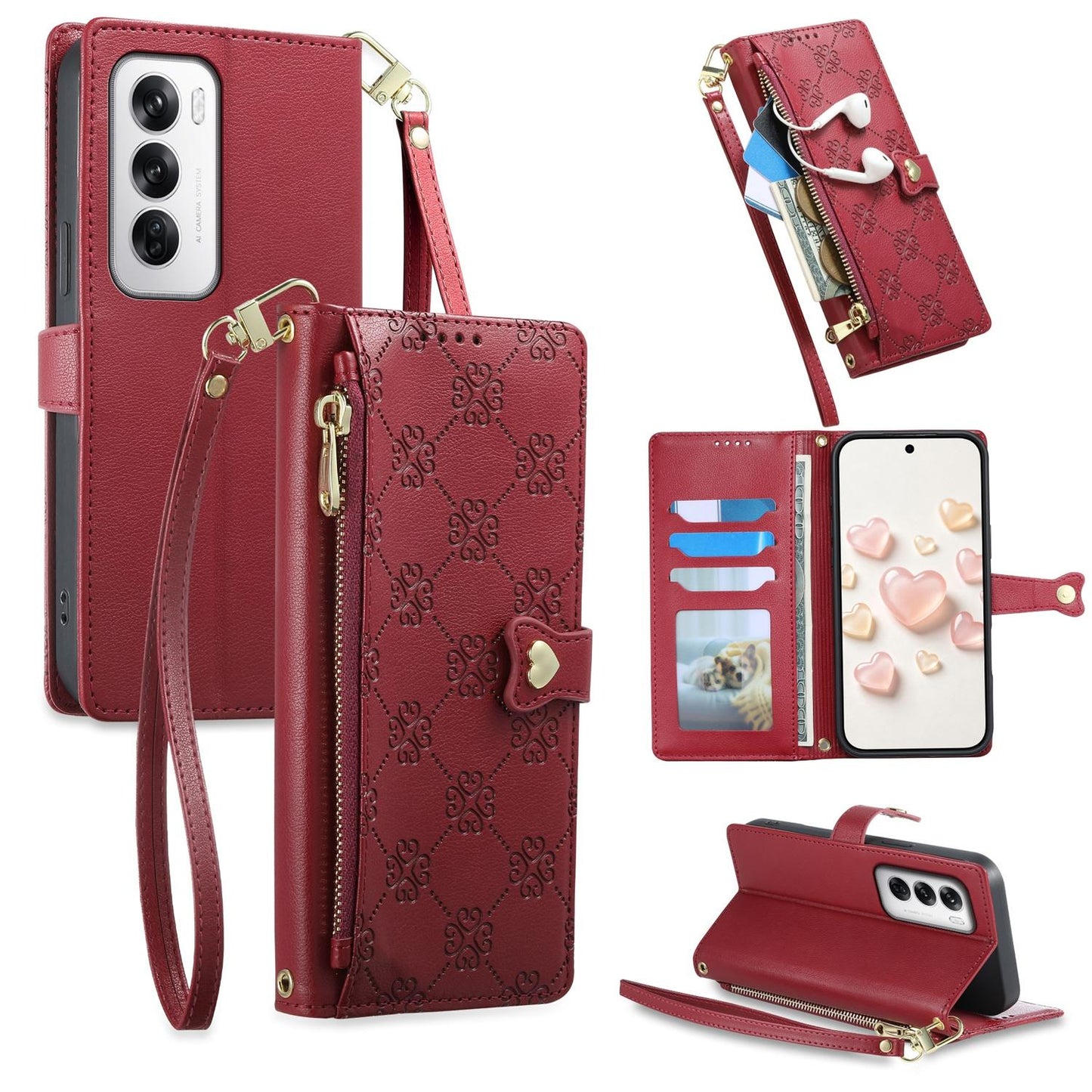 For OPPO Reno12 Global Zipper Wallet Heart Buckle Vegan Leather Phone Case with Wrist Strap(Red)