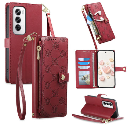 For OPPO Reno12 Global Zipper Wallet Heart Buckle Vegan Leather Phone Case with Wrist Strap(Red)
