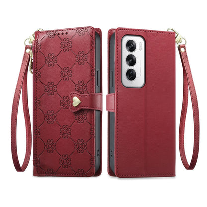 For OPPO Reno12 Global Zipper Wallet Heart Buckle Vegan Leather Phone Case with Wrist Strap(Red)