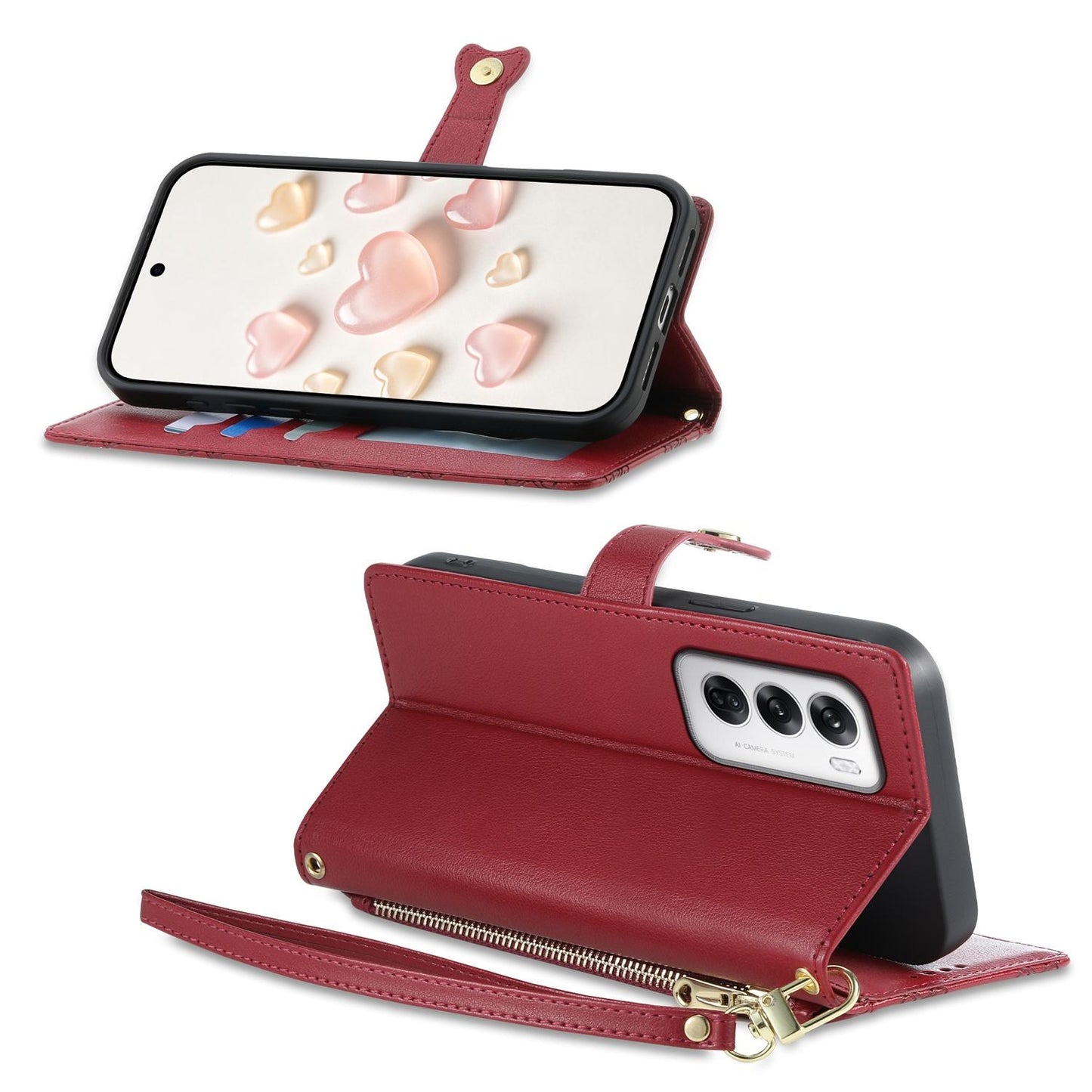 For OPPO Reno12 Global Zipper Wallet Heart Buckle Vegan Leather Phone Case with Wrist Strap(Red)