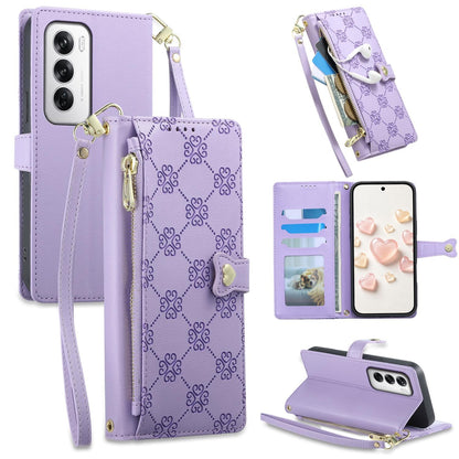 For OPPO Reno12 Global Zipper Wallet Heart Buckle Vegan Leather Phone Case with Wrist Strap(Purple)