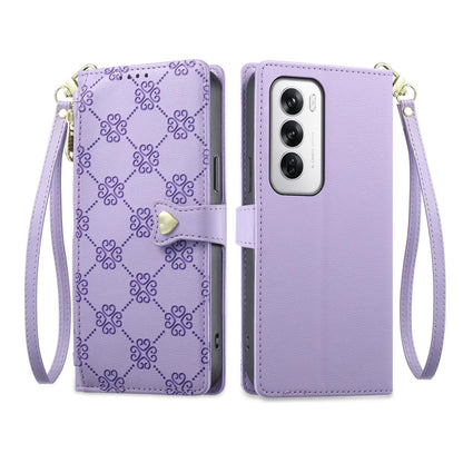 For OPPO Reno12 Global Zipper Wallet Heart Buckle Vegan Leather Phone Case with Wrist Strap(Purple)