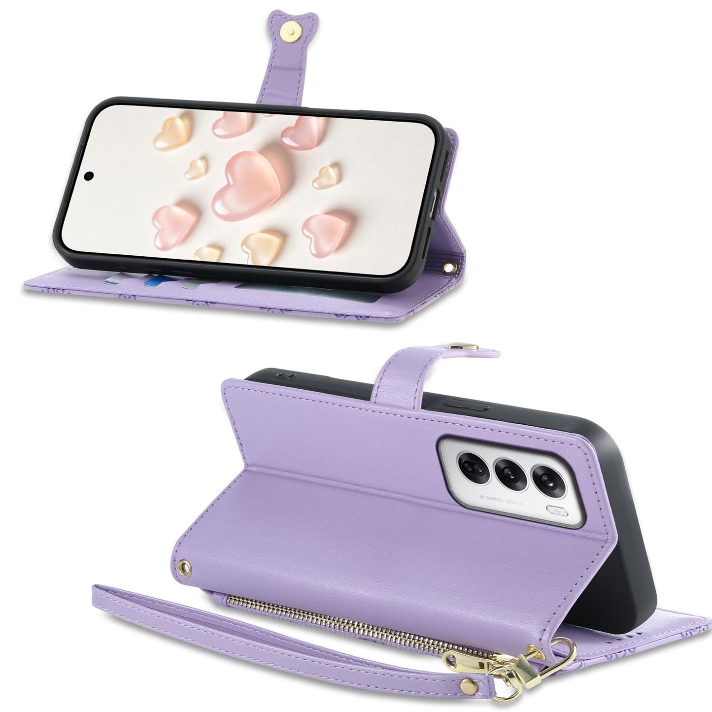 For OPPO Reno12 Global Zipper Wallet Heart Buckle Vegan Leather Phone Case with Wrist Strap(Purple)