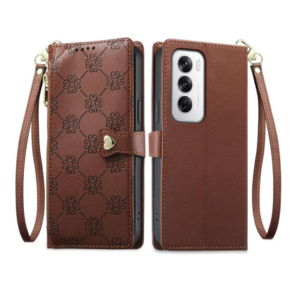 For OPPO Reno12 Global Zipper Wallet Heart Buckle Vegan Leather Phone Case with Wrist Strap(Brown)
