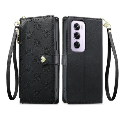 For OPPO Reno12 Pro Global Zipper Wallet Heart Buckle Vegan Leather Phone Case with Wrist Strap(Black)