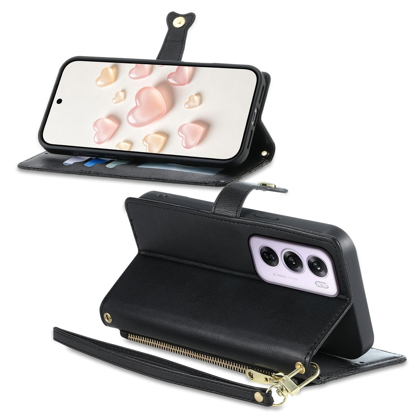 For OPPO Reno12 Pro Global Zipper Wallet Heart Buckle Vegan Leather Phone Case with Wrist Strap(Black)