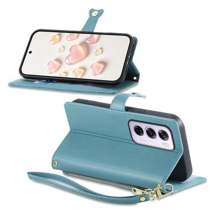 For OPPO Reno12 Pro Global Zipper Wallet Heart Buckle Vegan Leather Phone Case with Wrist Strap(Lake Blue)