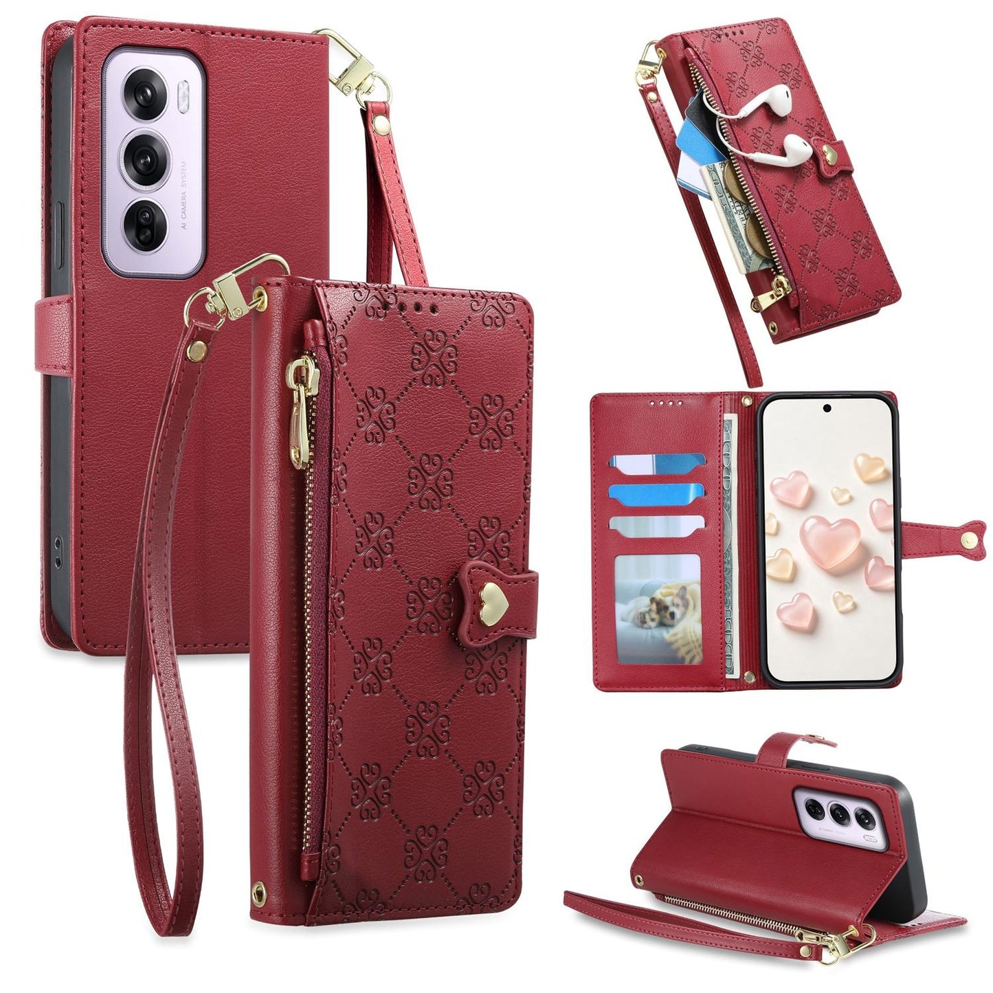 For OPPO Reno12 Pro Global Zipper Wallet Heart Buckle Vegan Leather Phone Case with Wrist Strap(Red)