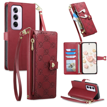 For OPPO Reno12 Pro Global Zipper Wallet Heart Buckle Vegan Leather Phone Case with Wrist Strap(Red)
