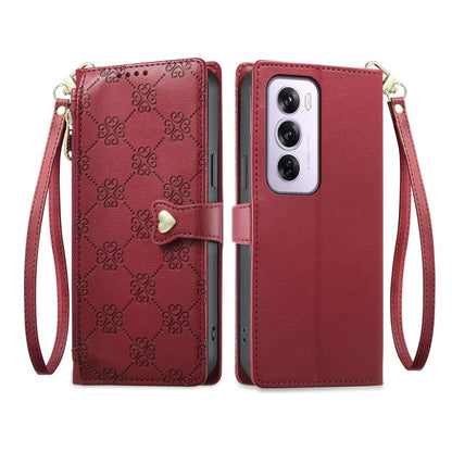 For OPPO Reno12 Pro Global Zipper Wallet Heart Buckle Vegan Leather Phone Case with Wrist Strap(Red)