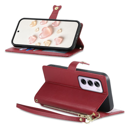For OPPO Reno12 Pro Global Zipper Wallet Heart Buckle Vegan Leather Phone Case with Wrist Strap(Red)
