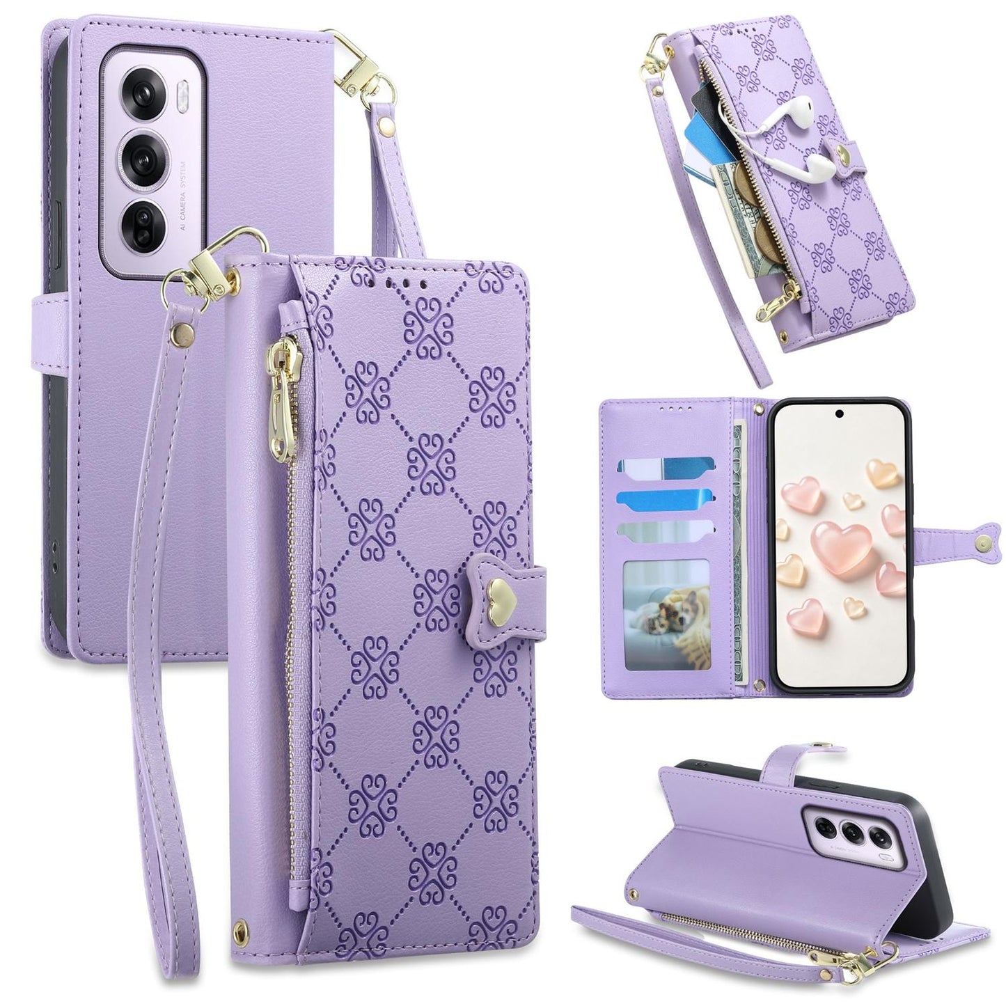 For OPPO Reno12 Pro Global Zipper Wallet Heart Buckle Vegan Leather Phone Case with Wrist Strap(Purple)