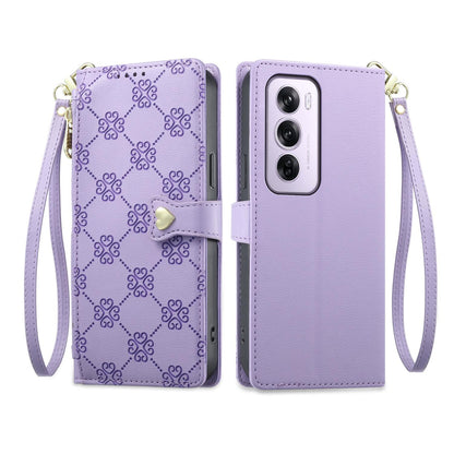 For OPPO Reno12 Pro Global Zipper Wallet Heart Buckle Vegan Leather Phone Case with Wrist Strap(Purple)