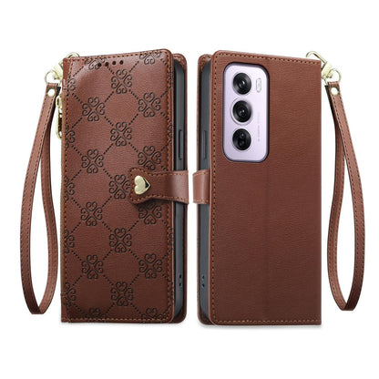 For OPPO Reno12 Pro Global Zipper Wallet Heart Buckle Vegan Leather Phone Case with Wrist Strap(Brown)
