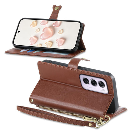 For OPPO Reno12 Pro Global Zipper Wallet Heart Buckle Vegan Leather Phone Case with Wrist Strap(Brown)