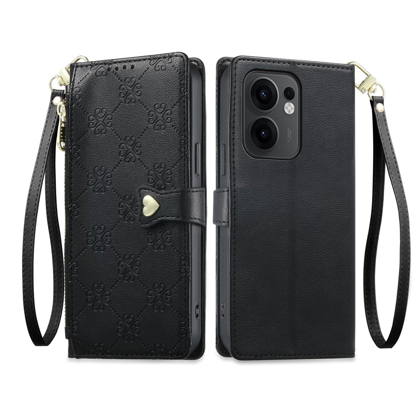 For OPPO Reno13 F 4G / 5G Zipper Wallet Heart Buckle Vegan Leather Phone Case with Wrist Strap(Black)