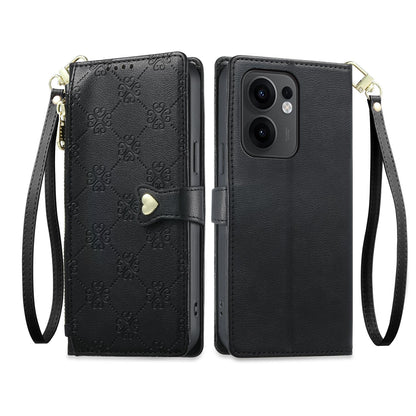 For OPPO Reno13 F 4G / 5G Zipper Wallet Heart Buckle Vegan Leather Phone Case with Wrist Strap(Black)