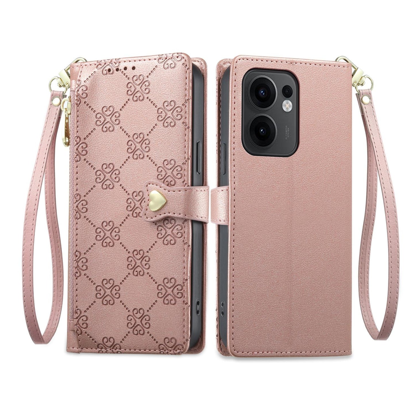 For OPPO Reno13 F 4G / 5G Zipper Wallet Heart Buckle Vegan Leather Phone Case with Wrist Strap(Pink)