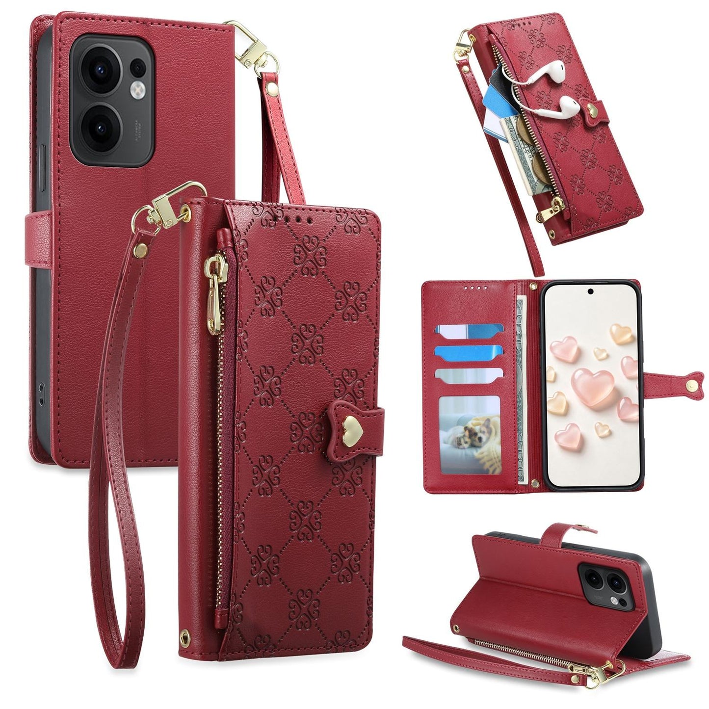 For OPPO Reno13 F 4G / 5G Zipper Wallet Heart Buckle Vegan Leather Phone Case with Wrist Strap(Red)