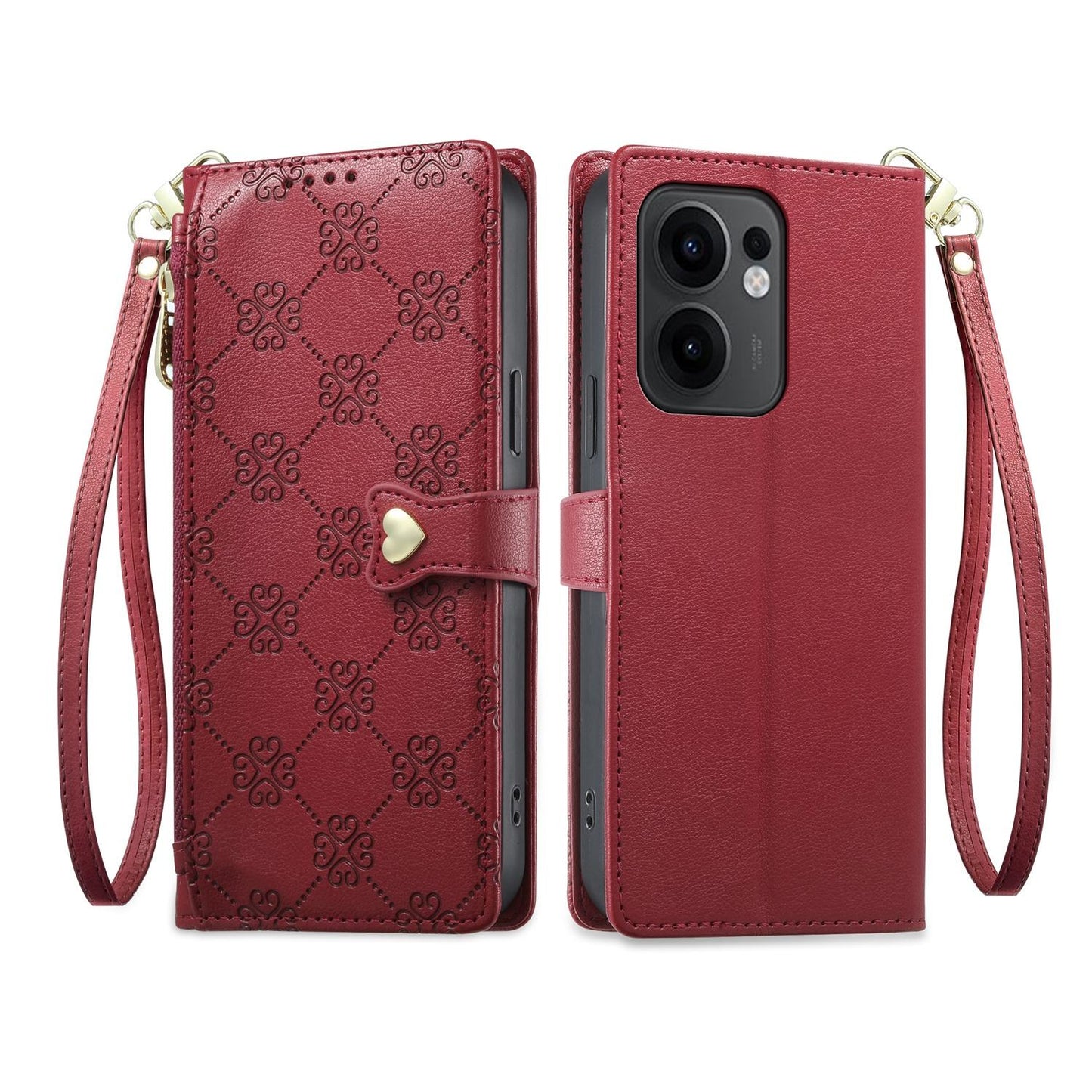 For OPPO Reno13 F 4G / 5G Zipper Wallet Heart Buckle Vegan Leather Phone Case with Wrist Strap(Red)