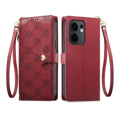 For OPPO Reno13 F 4G / 5G Zipper Wallet Heart Buckle Vegan Leather Phone Case with Wrist Strap(Red)