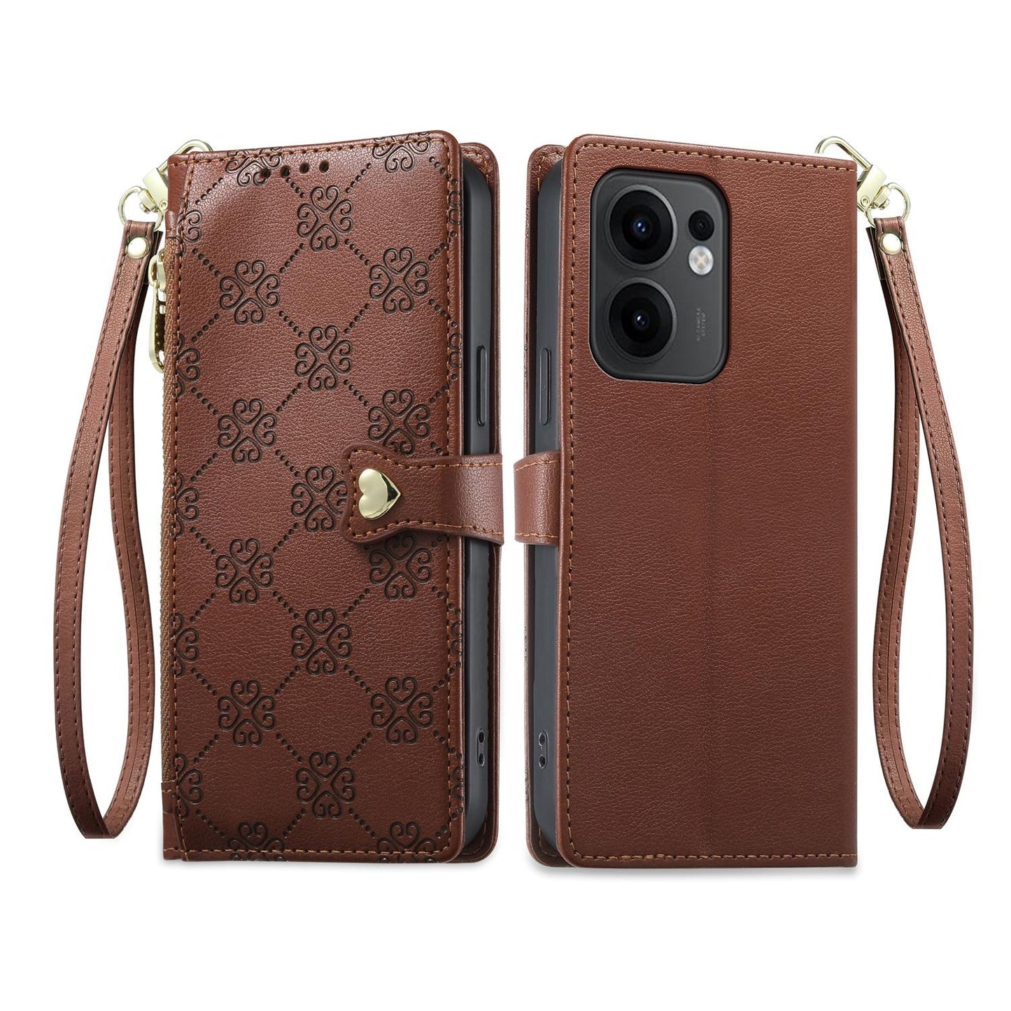 For OPPO Reno13 F 4G / 5G Zipper Wallet Heart Buckle Vegan Leather Phone Case with Wrist Strap(Brown)