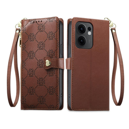 For OPPO Reno13 F 4G / 5G Zipper Wallet Heart Buckle Vegan Leather Phone Case with Wrist Strap(Brown)