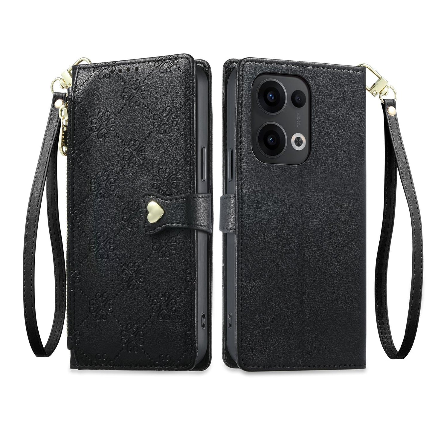 For OPPO Reno13 Global Zipper Wallet Heart Buckle Vegan Leather Phone Case with Wrist Strap(Black)