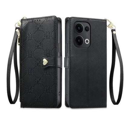 For OPPO Reno13 Global Zipper Wallet Heart Buckle Vegan Leather Phone Case with Wrist Strap(Black)