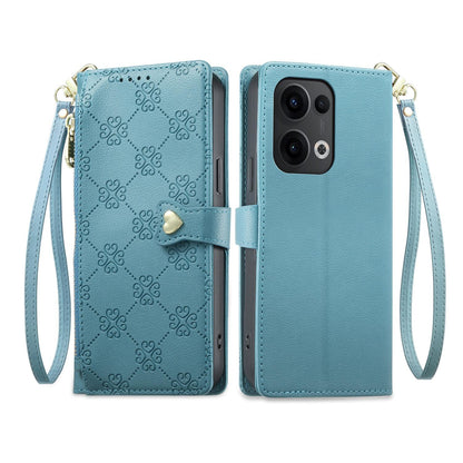 For OPPO Reno13 Global Zipper Wallet Heart Buckle Vegan Leather Phone Case with Wrist Strap(Lake Blue)