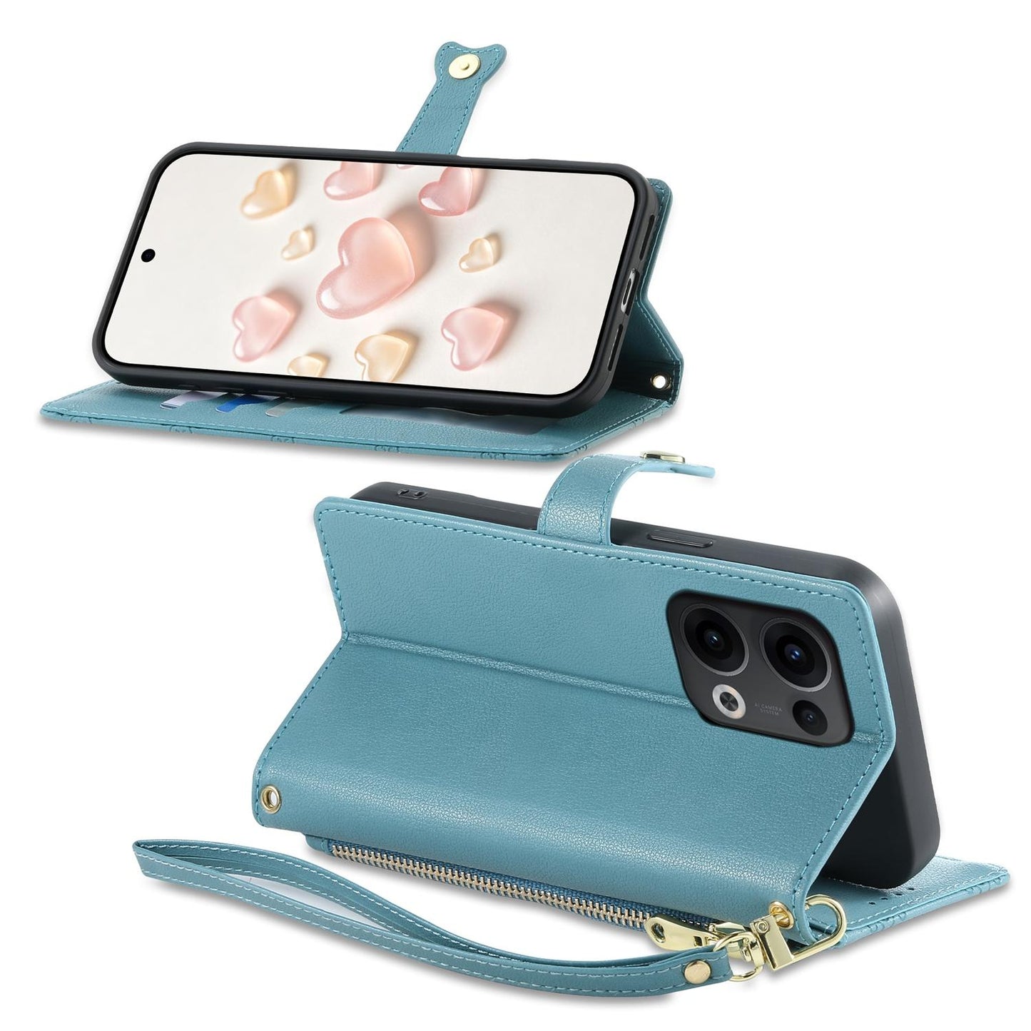 For OPPO Reno13 Global Zipper Wallet Heart Buckle Vegan Leather Phone Case with Wrist Strap(Lake Blue)