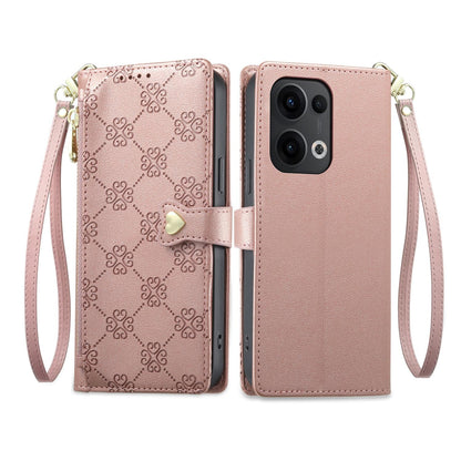 For OPPO Reno13 Global Zipper Wallet Heart Buckle Vegan Leather Phone Case with Wrist Strap(Pink)