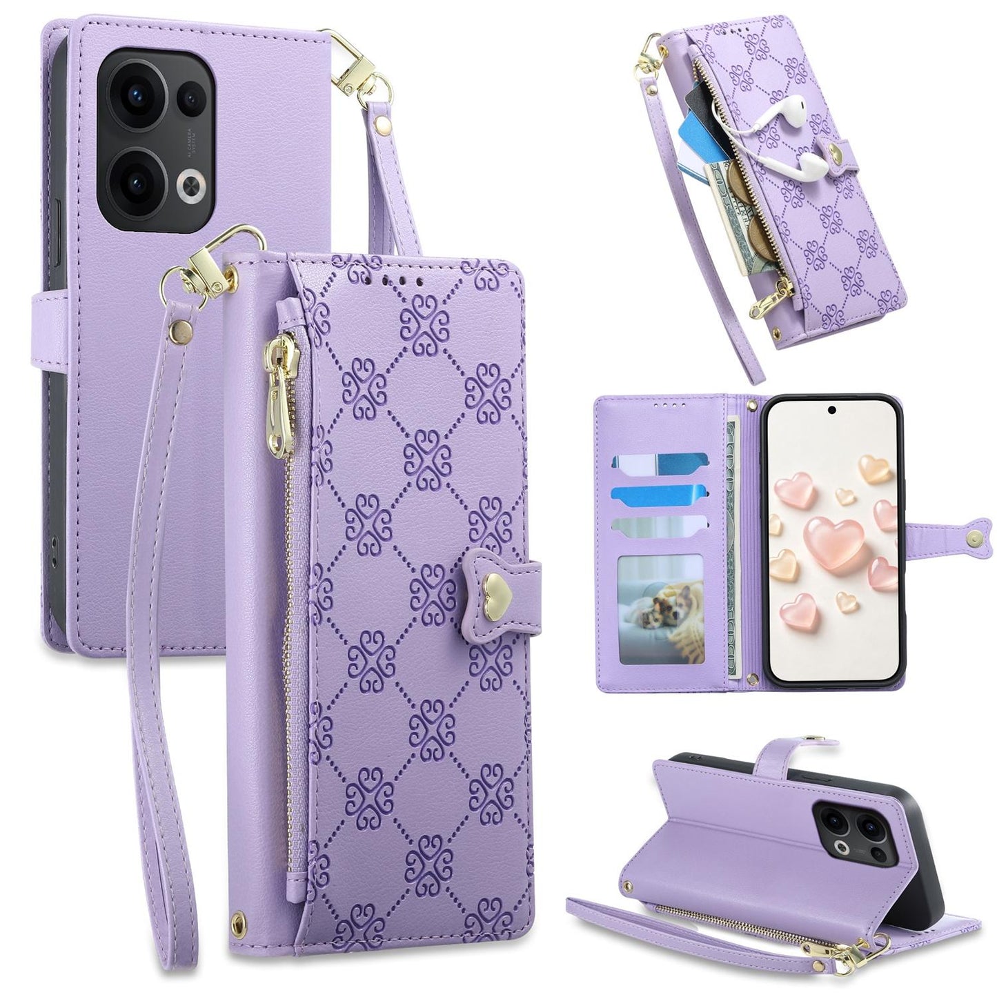 For OPPO Reno13 Global Zipper Wallet Heart Buckle Vegan Leather Phone Case with Wrist Strap(Purple)