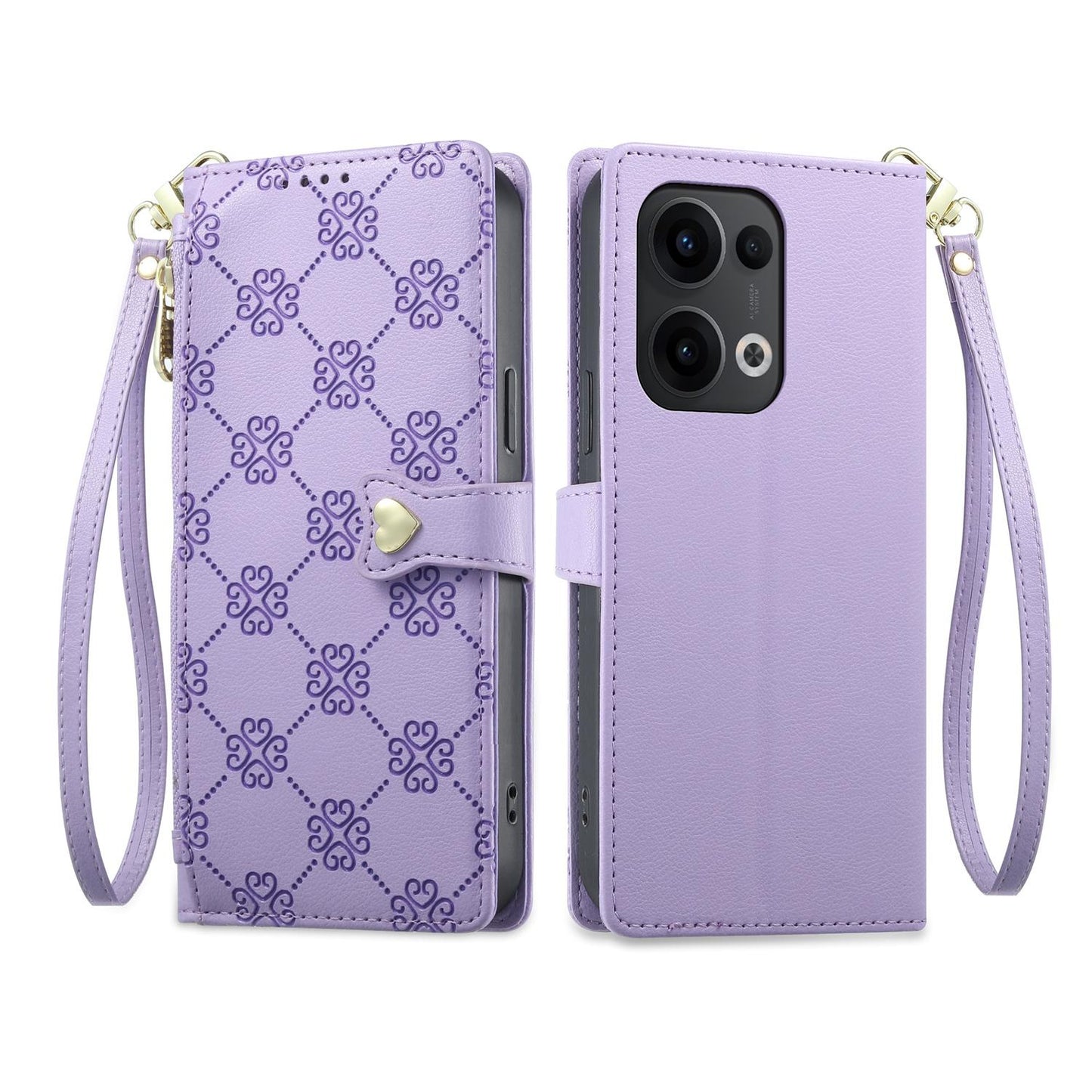 For OPPO Reno13 Global Zipper Wallet Heart Buckle Vegan Leather Phone Case with Wrist Strap(Purple)