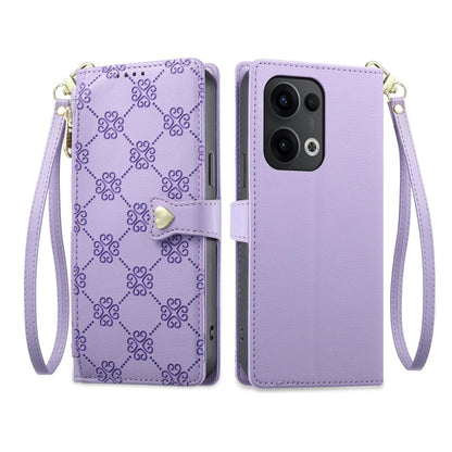 For OPPO Reno13 Global Zipper Wallet Heart Buckle Vegan Leather Phone Case with Wrist Strap(Purple)
