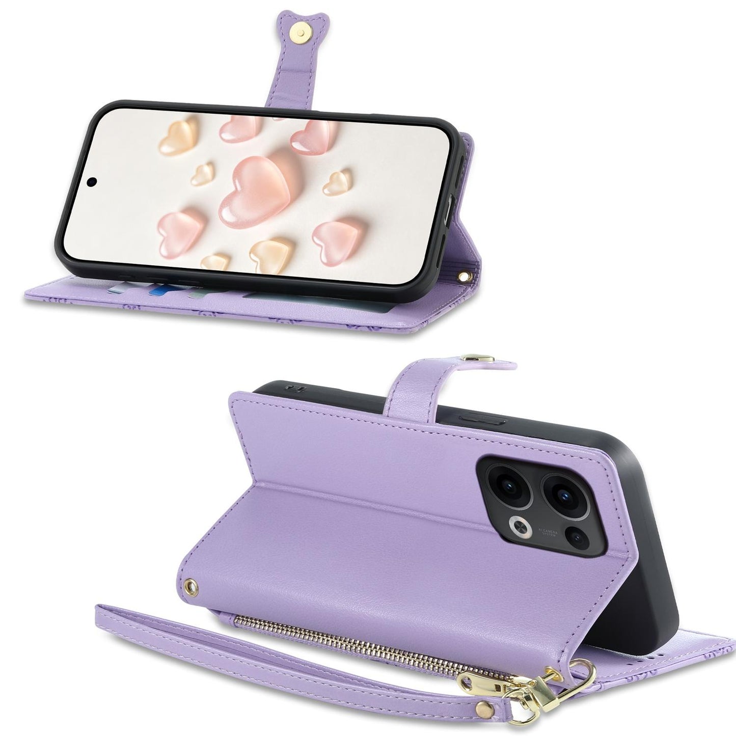 For OPPO Reno13 Global Zipper Wallet Heart Buckle Vegan Leather Phone Case with Wrist Strap(Purple)