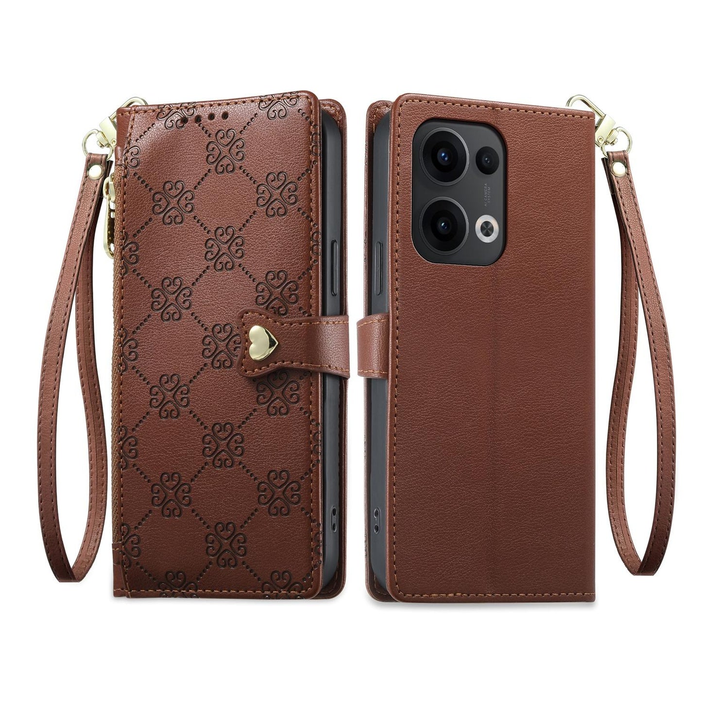 For OPPO Reno13 Global Zipper Wallet Heart Buckle Vegan Leather Phone Case with Wrist Strap(Brown)