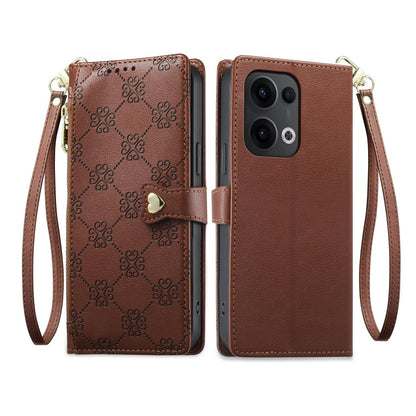 For OPPO Reno13 Global Zipper Wallet Heart Buckle Vegan Leather Phone Case with Wrist Strap(Brown)