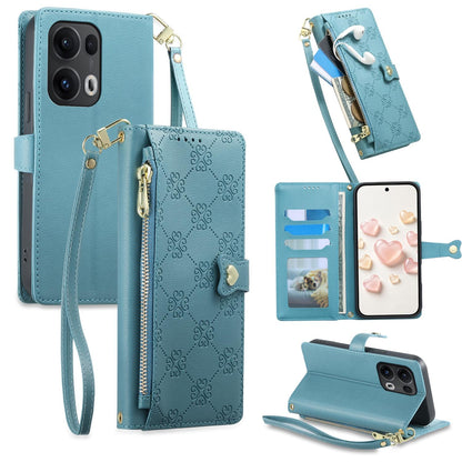 For OPPO Reno13 Pro Global Zipper Wallet Heart Buckle Vegan Leather Phone Case with Wrist Strap(Lake Blue)