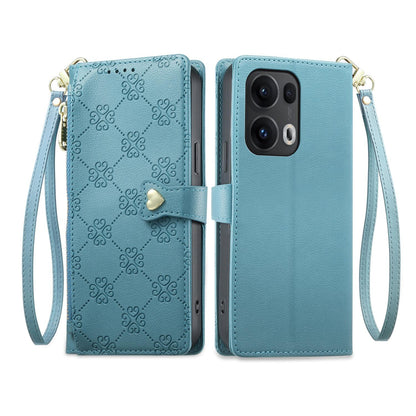 For OPPO Reno13 Pro Global Zipper Wallet Heart Buckle Vegan Leather Phone Case with Wrist Strap(Lake Blue)