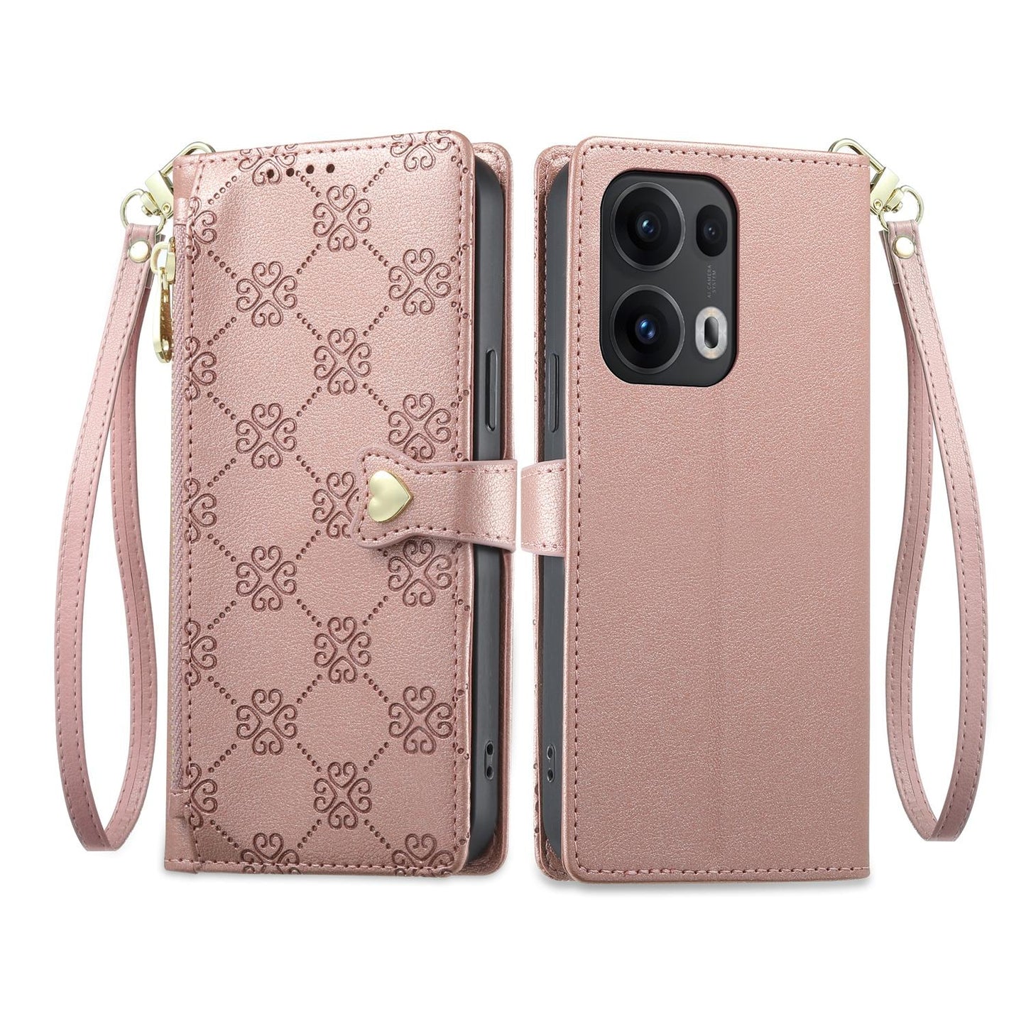 For OPPO Reno13 Pro Global Zipper Wallet Heart Buckle Vegan Leather Phone Case with Wrist Strap(Pink)