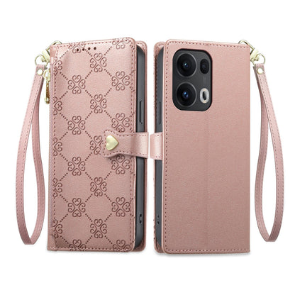 For OPPO Reno13 Pro Global Zipper Wallet Heart Buckle Vegan Leather Phone Case with Wrist Strap(Pink)