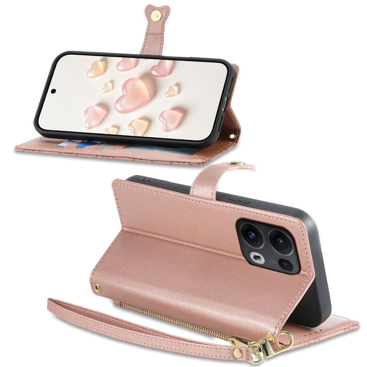 For OPPO Reno13 Pro Global Zipper Wallet Heart Buckle Vegan Leather Phone Case with Wrist Strap(Pink)