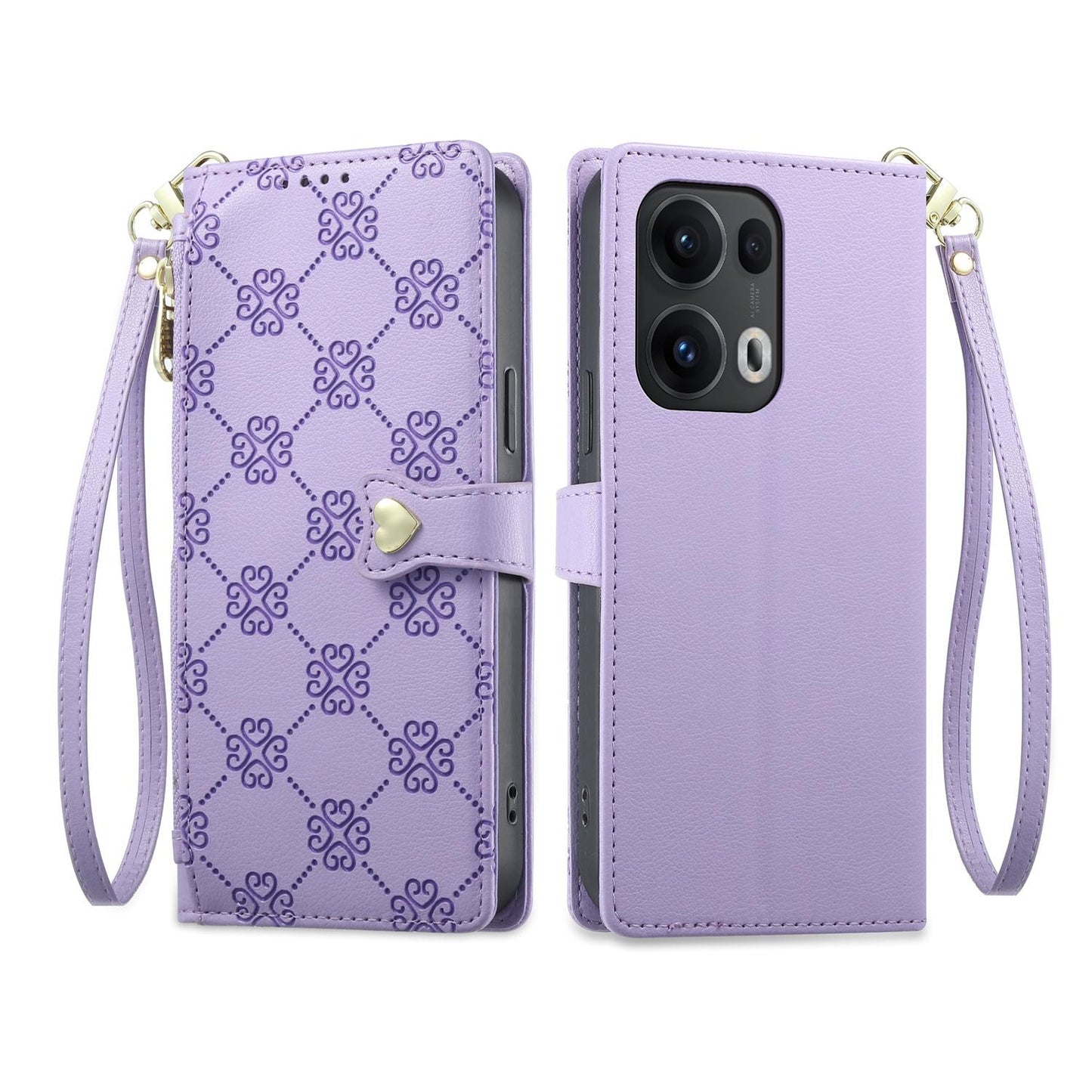 For OPPO Reno13 Pro Global Zipper Wallet Heart Buckle Vegan Leather Phone Case with Wrist Strap(Purple)