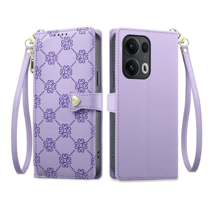 For OPPO Reno13 Pro Global Zipper Wallet Heart Buckle Vegan Leather Phone Case with Wrist Strap(Purple)