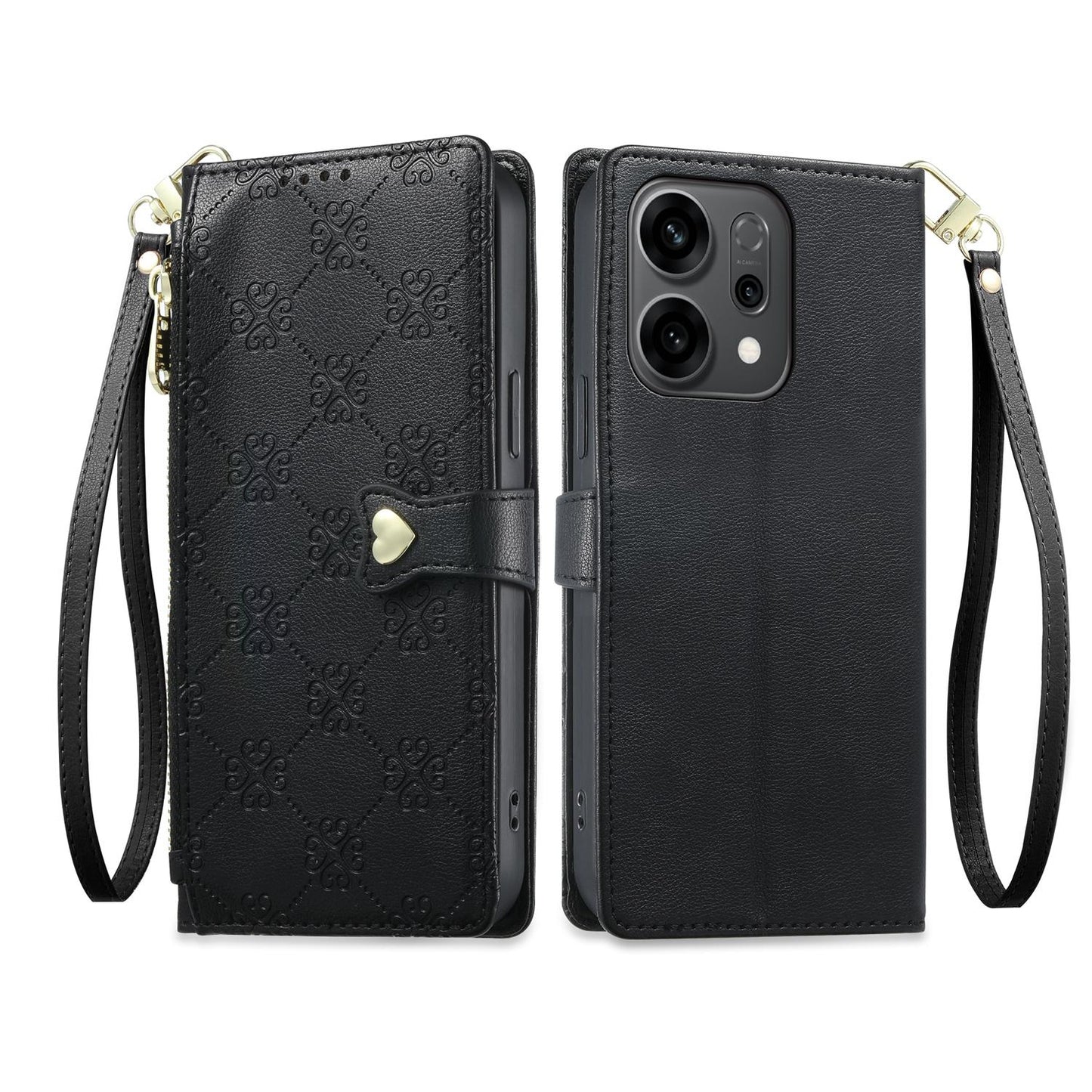 For OPPO Reno14 Global / Reno14 F 5G Zipper Wallet Heart Buckle Vegan Leather Phone Case with Wrist Strap(Black)