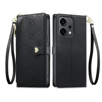 For OPPO Reno14 Global / Reno14 F 5G Zipper Wallet Heart Buckle Vegan Leather Phone Case with Wrist Strap(Black)