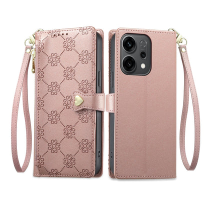 For OPPO Reno14 Global / Reno14 F 5G Zipper Wallet Heart Buckle Vegan Leather Phone Case with Wrist Strap(Pink)