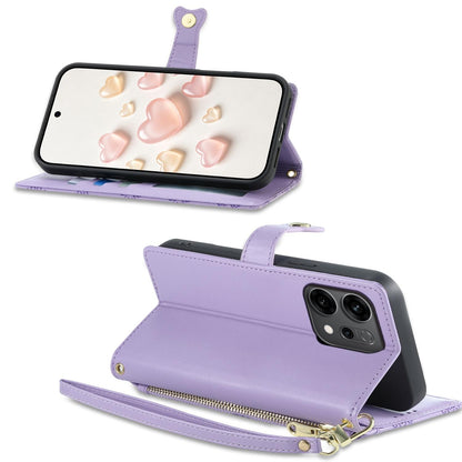 For OPPO Reno14 Global / Reno14 F 5G Zipper Wallet Heart Buckle Vegan Leather Phone Case with Wrist Strap(Purple)